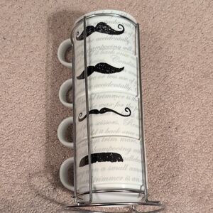 Pier 1 Imports Mustache Print Stacking Mugs with Stand Set of 4 EUC